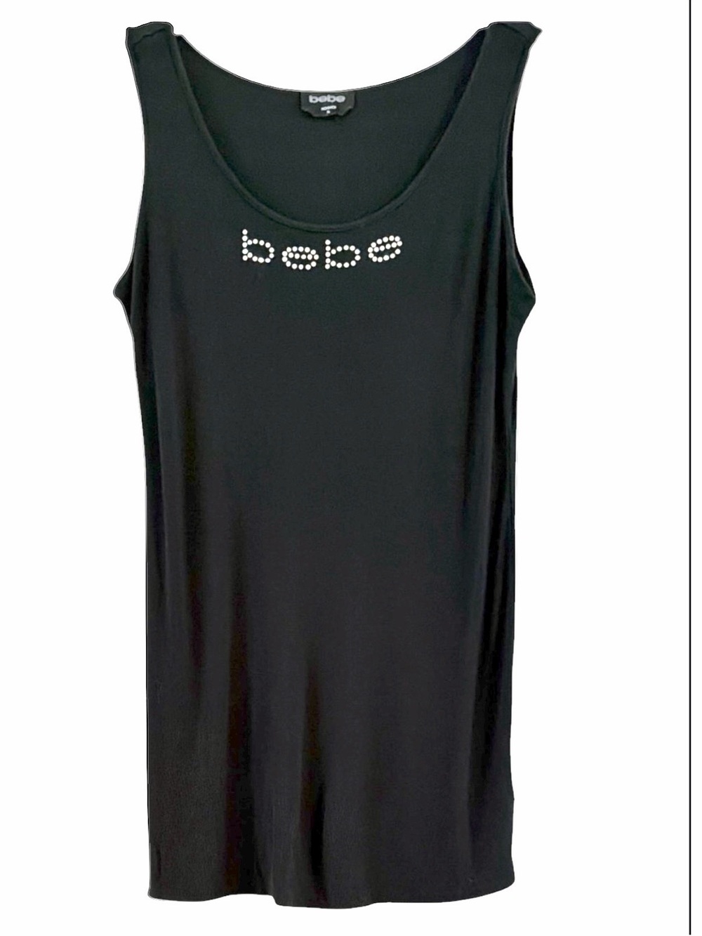 bebe Rhinestone Logo Ribbed Mini Dress Black Size XL Y2K Style Tank Dress